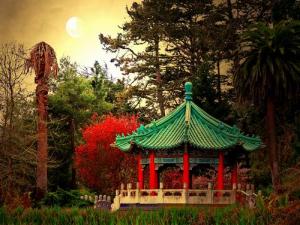 Chinese Pavilion Under The Golden Moonlight . By Wingsdomain.com